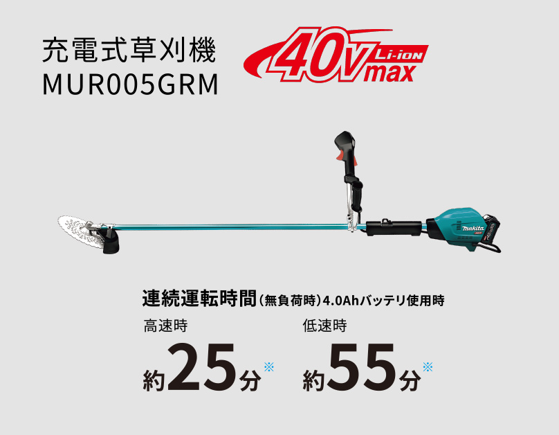 充電式草刈機MUR005GRM 連続運転時間（無負荷時）4.0Ahバッテリ使用時 高速時 約25分 低速時 約55分