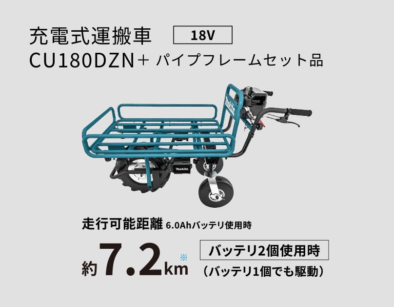 充電式運搬車CU180DZ ＋ パイプフレームセット品 18V 走行可能距離 6.0Ahバッテリ使用時 約7.2km バッテリ2個使用時（バッテリ1個でも駆動）