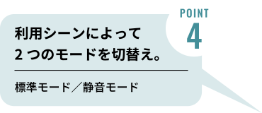 POINT4　利用シーンによって2つのモードを切替え。標準モード／静音モード